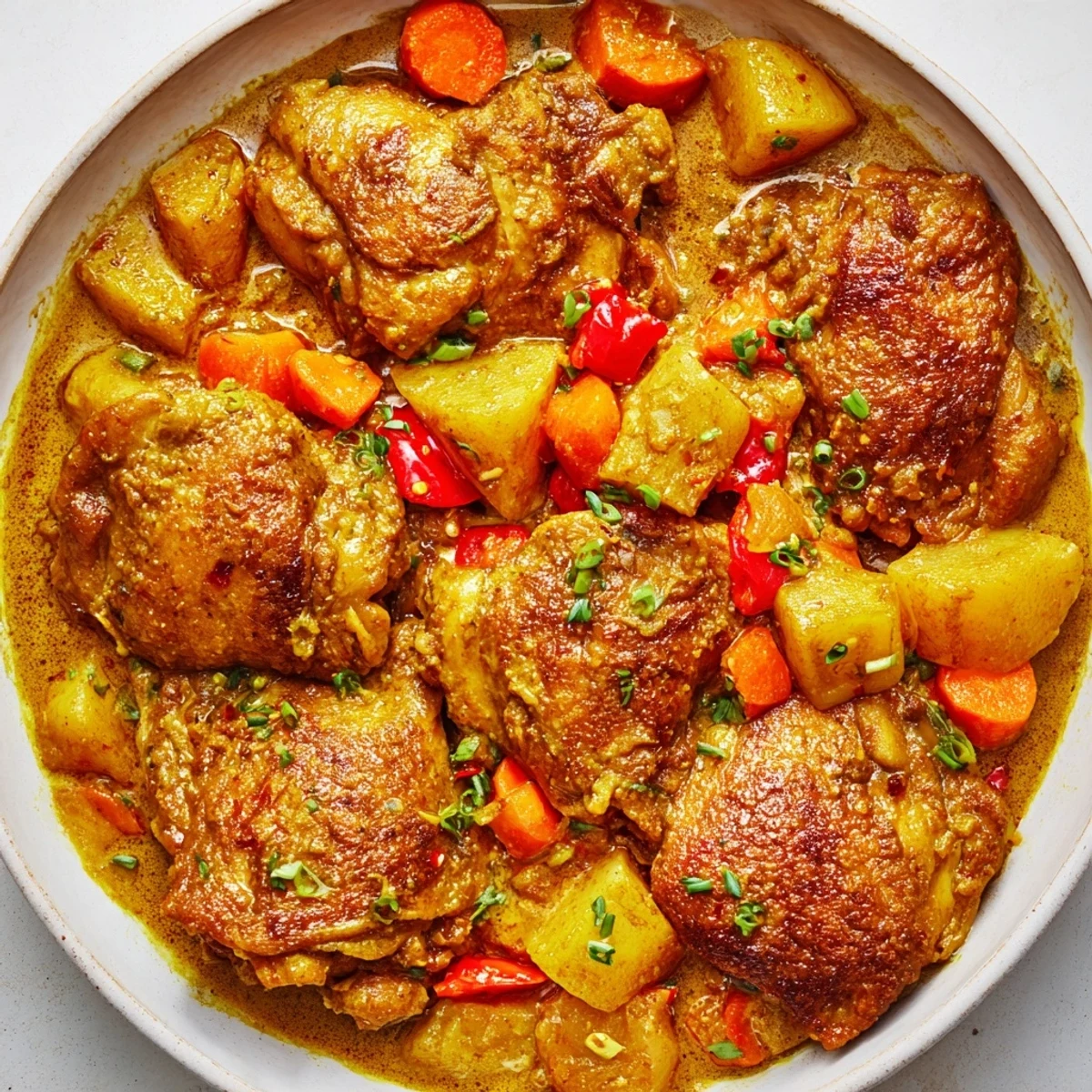 Irresistibly Tender Jamaican Curry Chicken simmering in golden sauce with rice