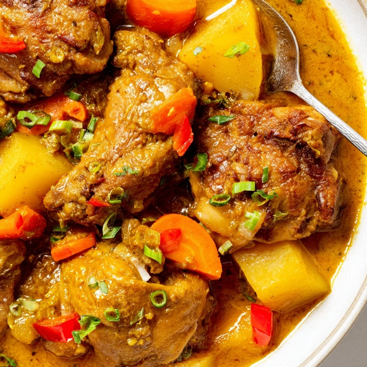 Warm Irresistibly Tender Jamaican Curry Chicken, fragrant spices, potatoes and vibrant peppers