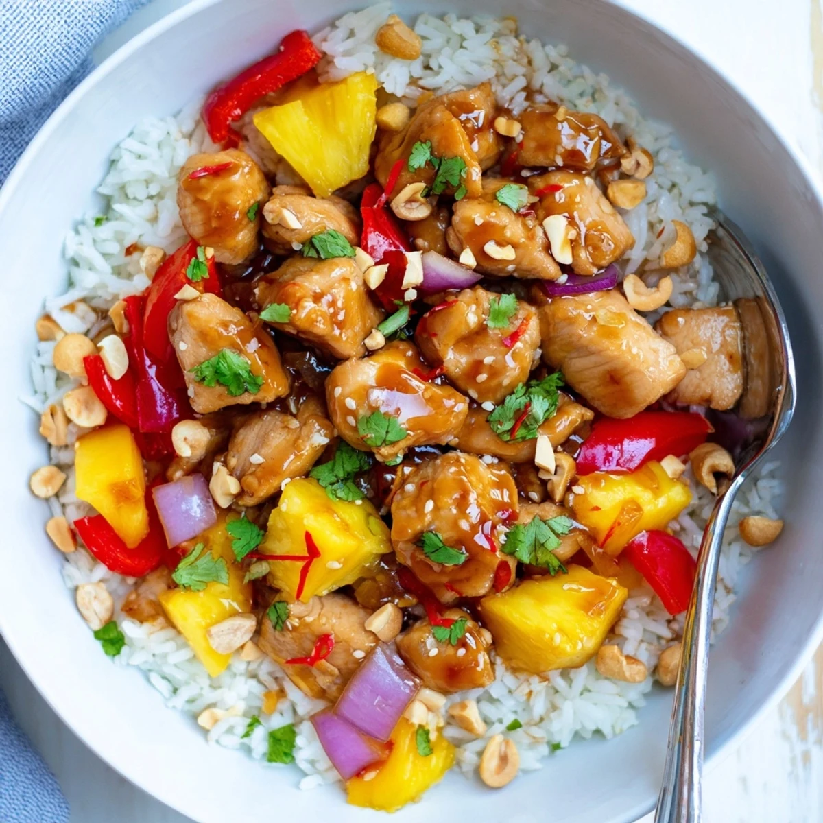 Tropical Sweet And Spicy Chicken Rice Delight over fluffy rice, pineapple and cilantro