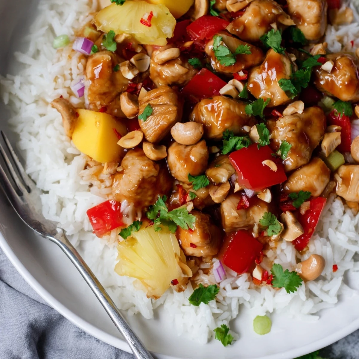 Charred mango and honey glaze on Tropical Sweet And Spicy Chicken Rice Delight