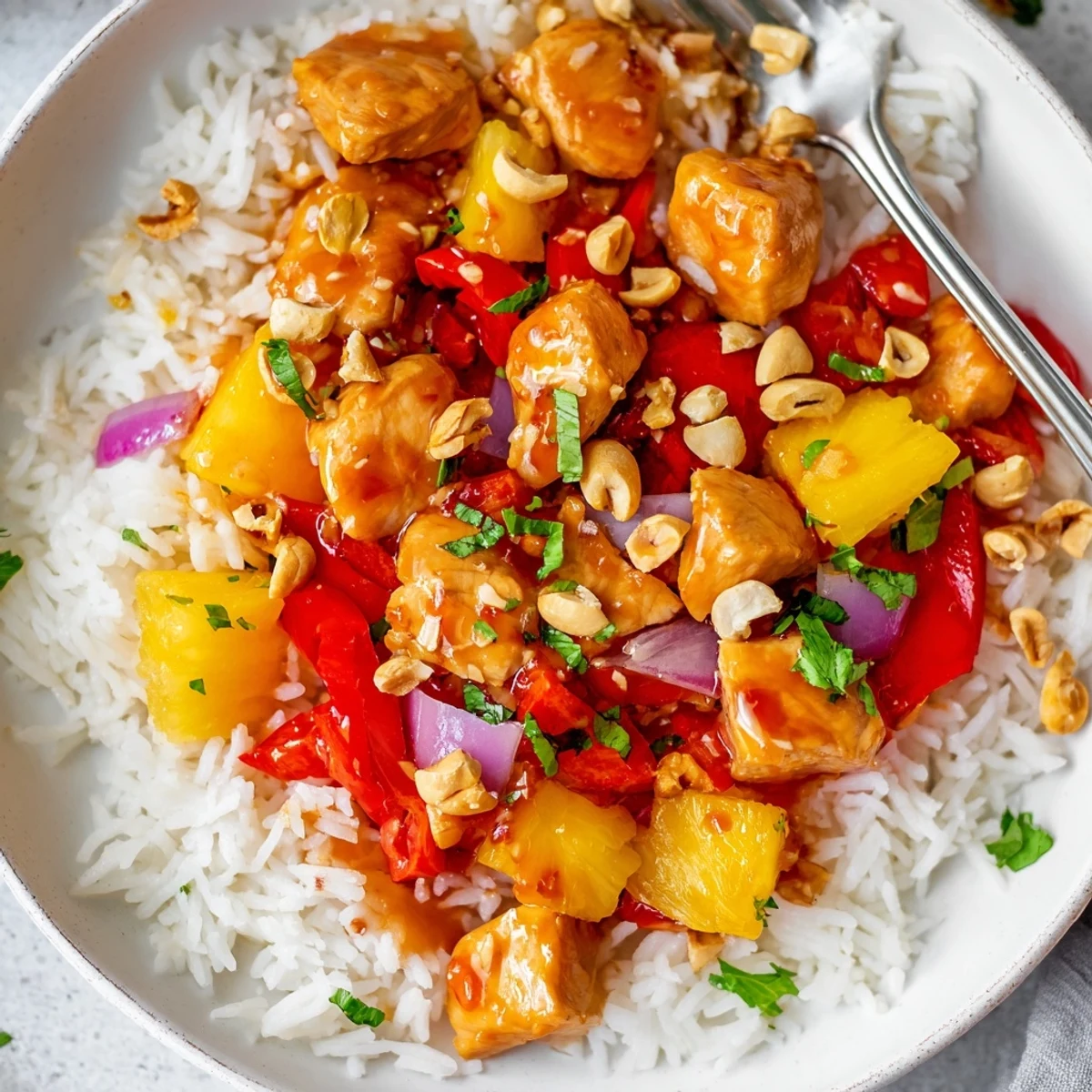 Weeknight skillet of Tropical Sweet And Spicy Chicken Rice Delight, spicy sweet aroma