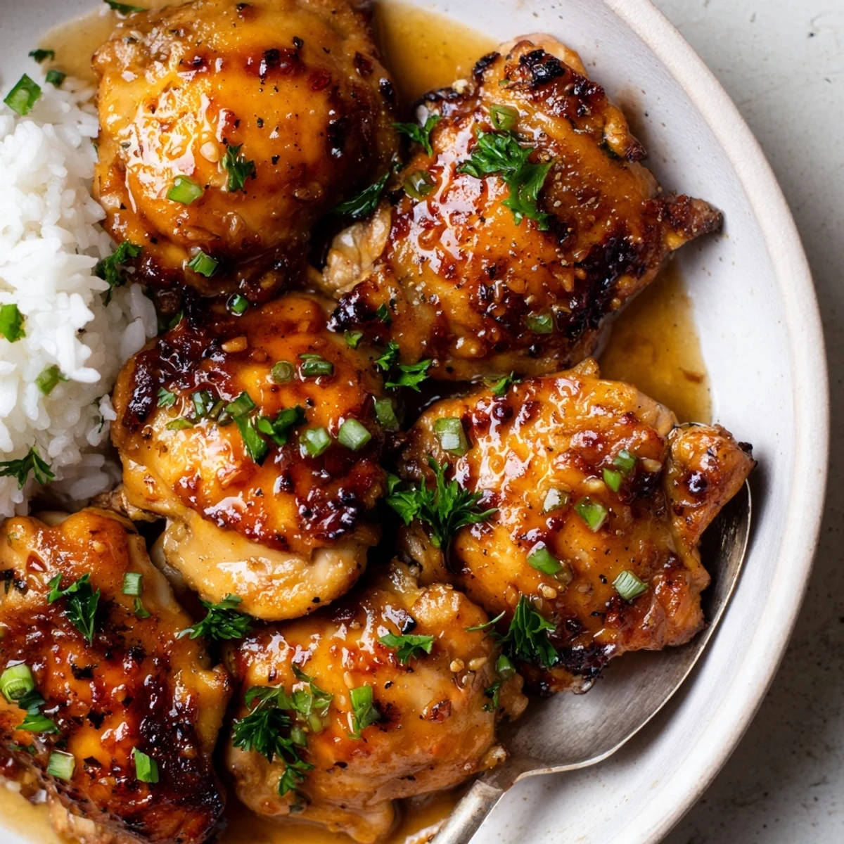 Sweet And Sticky Honey Butter Chicken Thighs glistening with caramelized sauce, served over rice