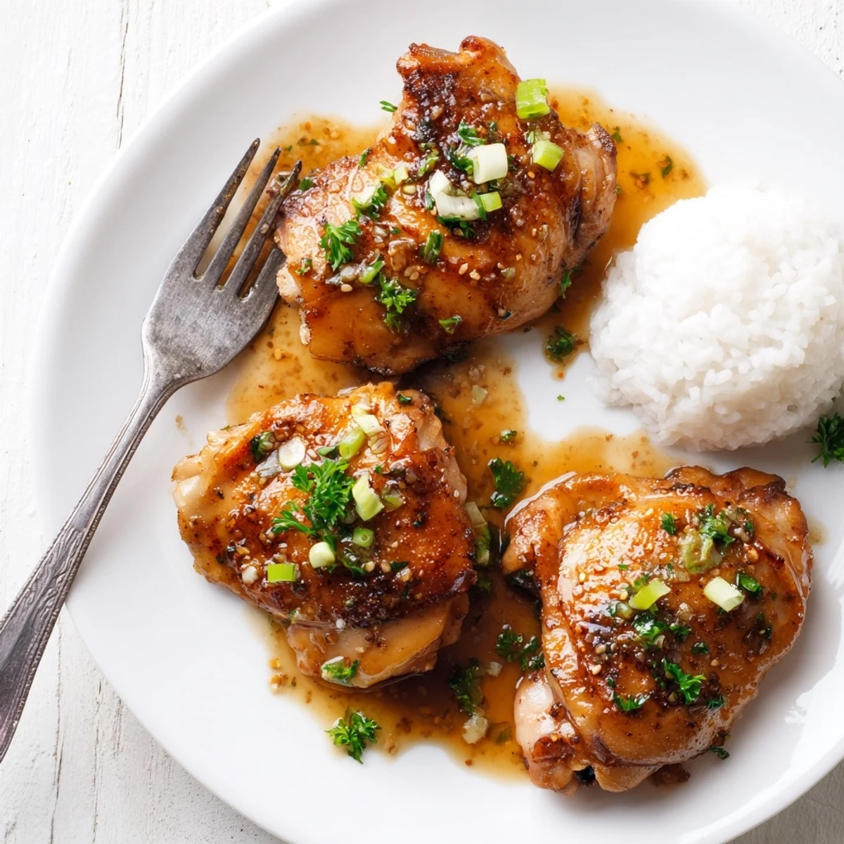 Oven-baked Sweet And Sticky Honey Butter Chicken Thighs, aromatic garlic and parsley garnish