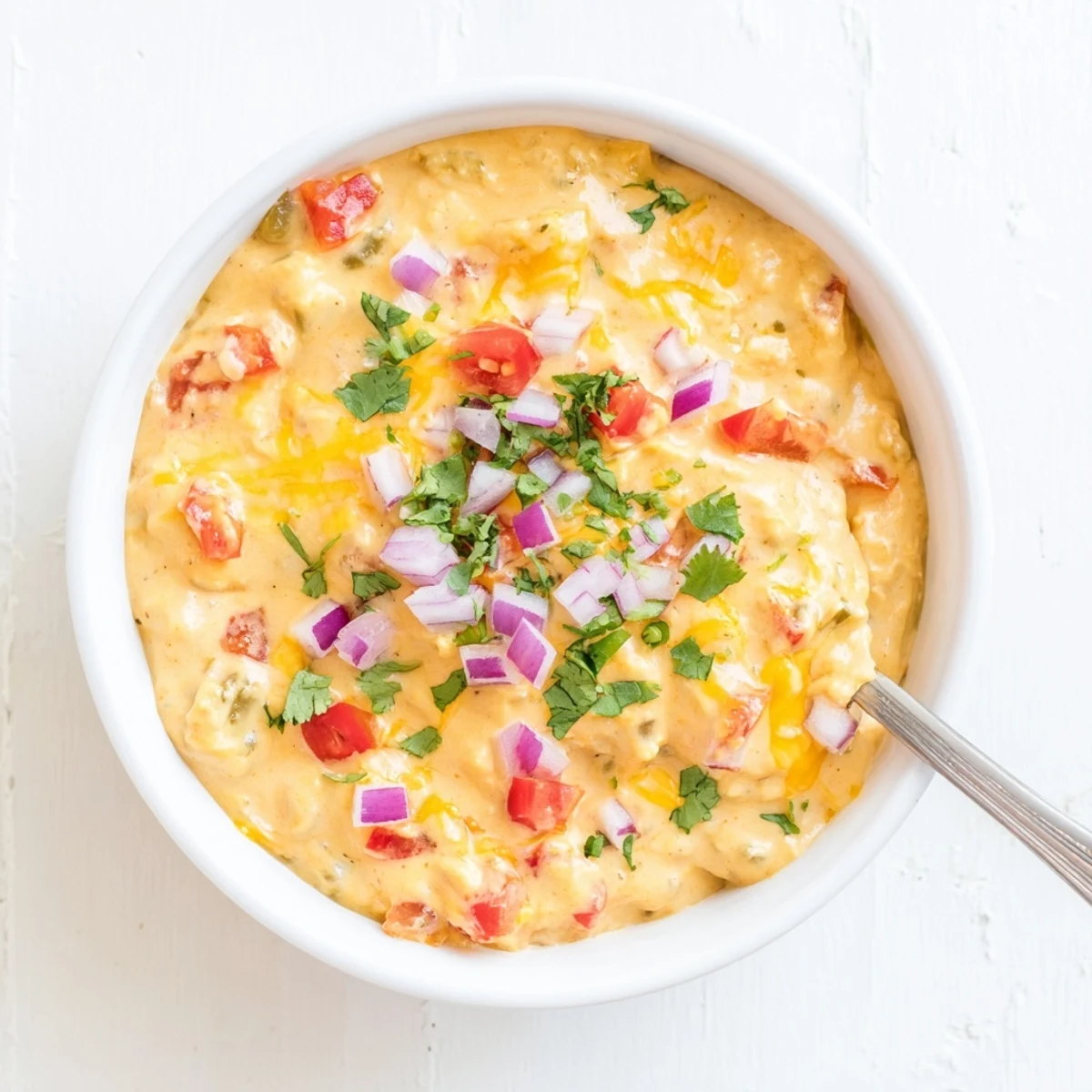Golden green chile queso dip bubbling hot, garnished with fresh cilantro and diced tomatoes