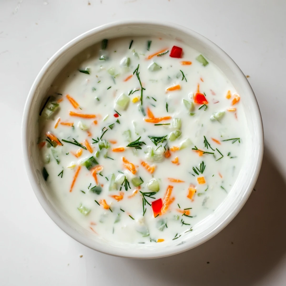 Creamy fresh vegetable spring garden dip served in a white bowl with colorful chopped vegetables and herbs