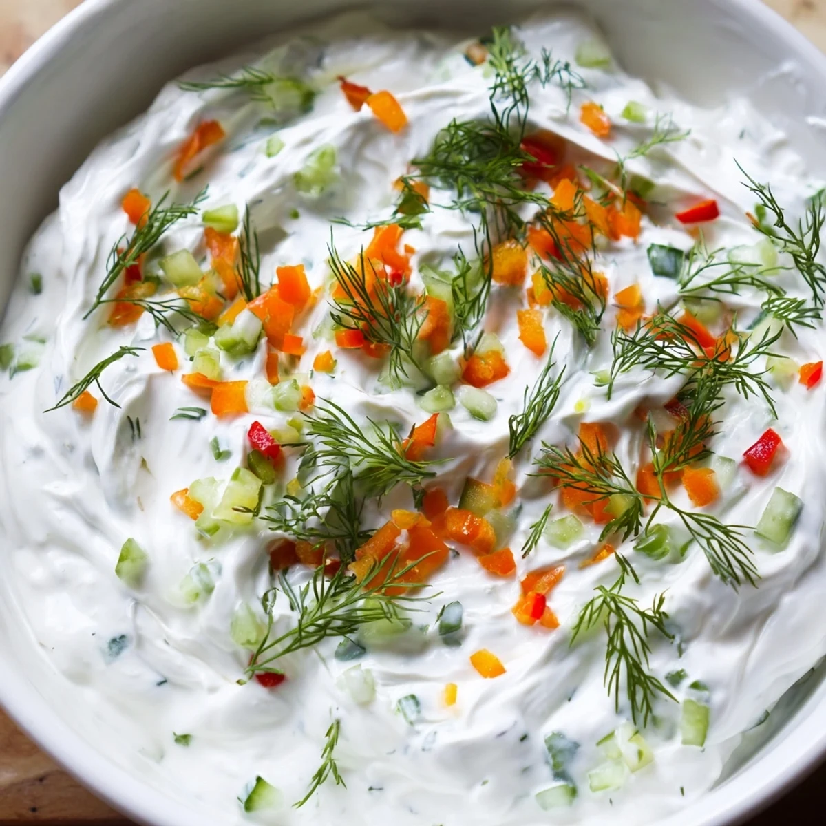 Light and tangy spring garden dip topped with crisp cucumber, grated carrot, and fresh dill for appetizers