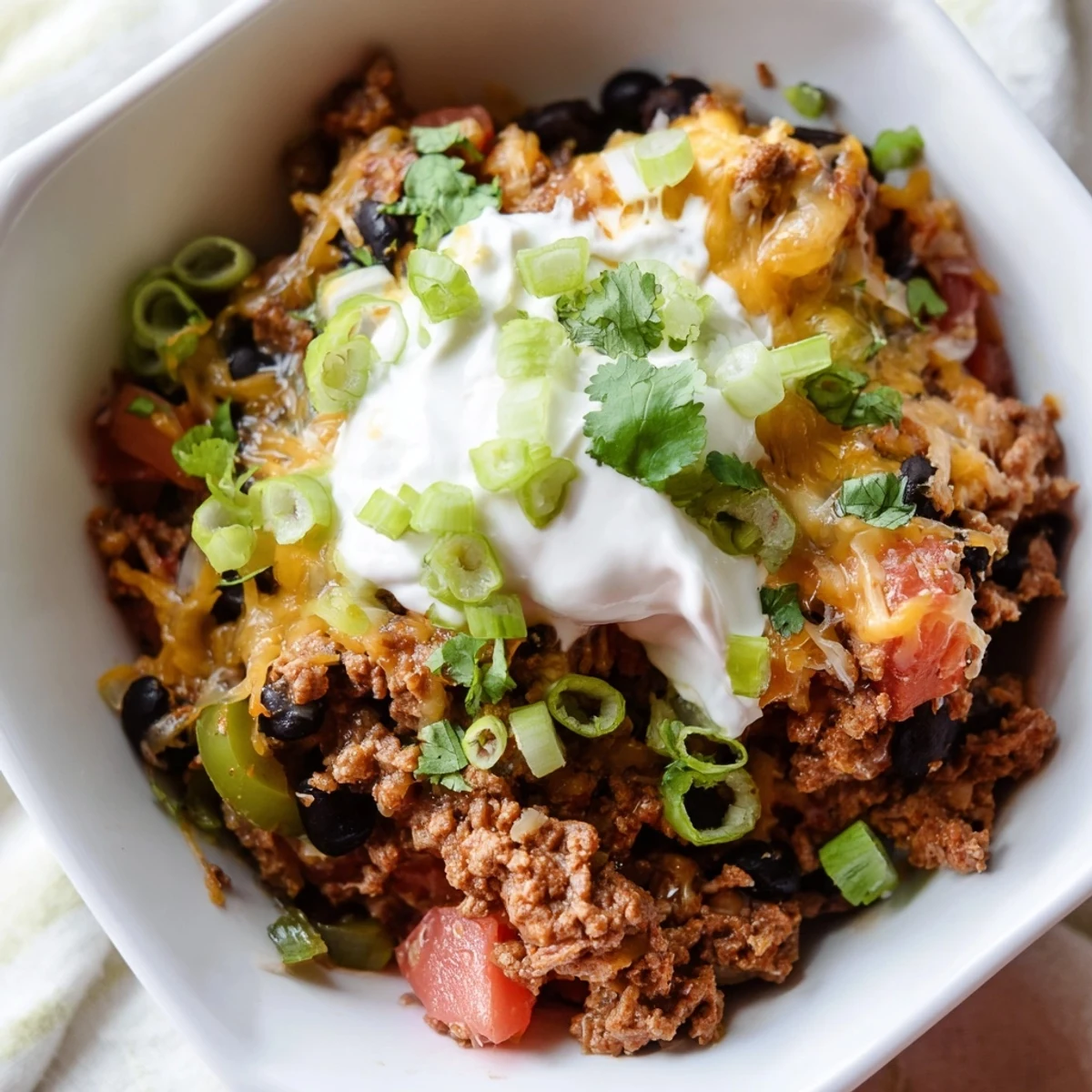 Creamy Super Nachos Dip with melted cheddar and Monterey Jack cheese bubbling in a serving bowl