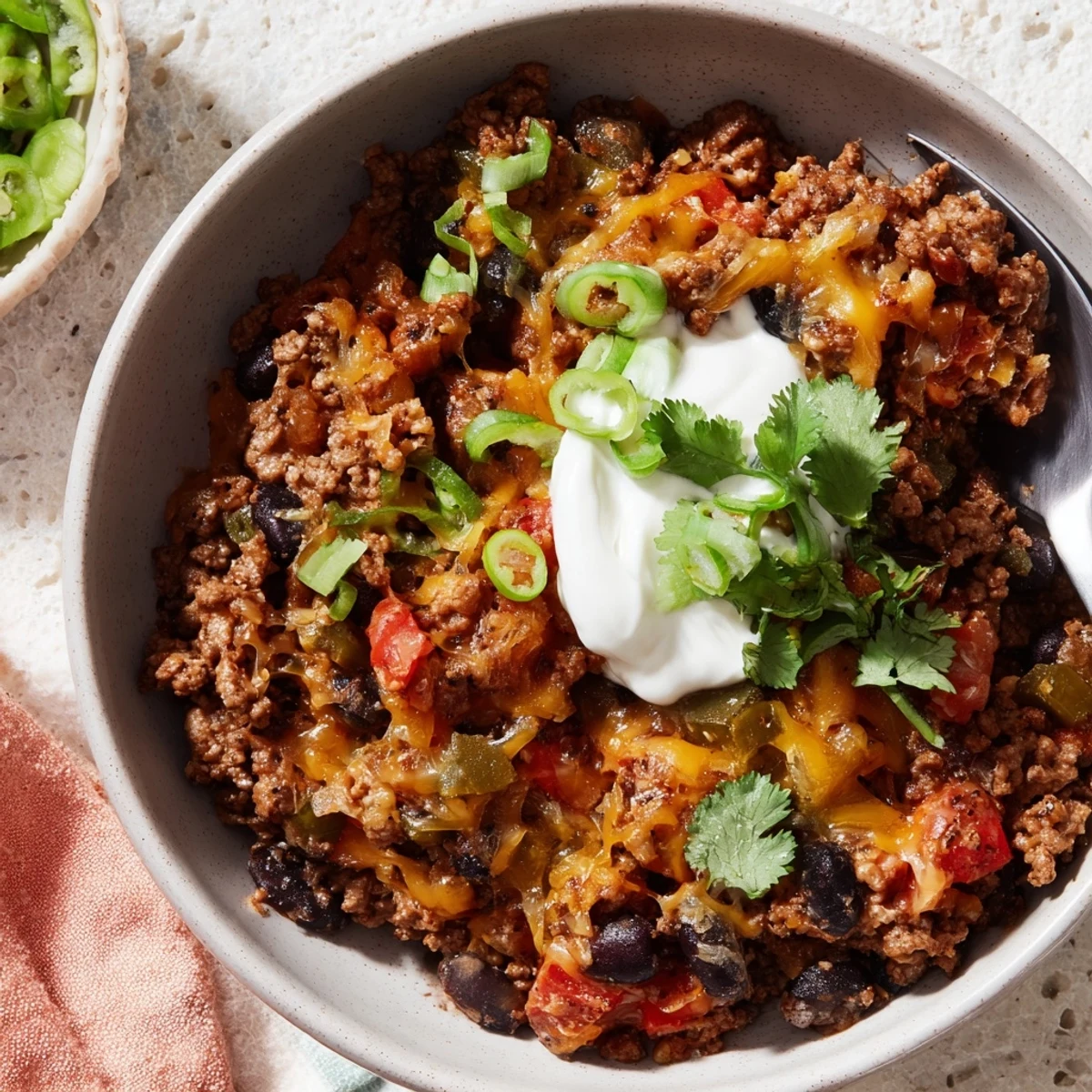 Tex-Mex Super Nachos Dip layered with seasoned ground beef, black beans, and diced jalapeños on a platter