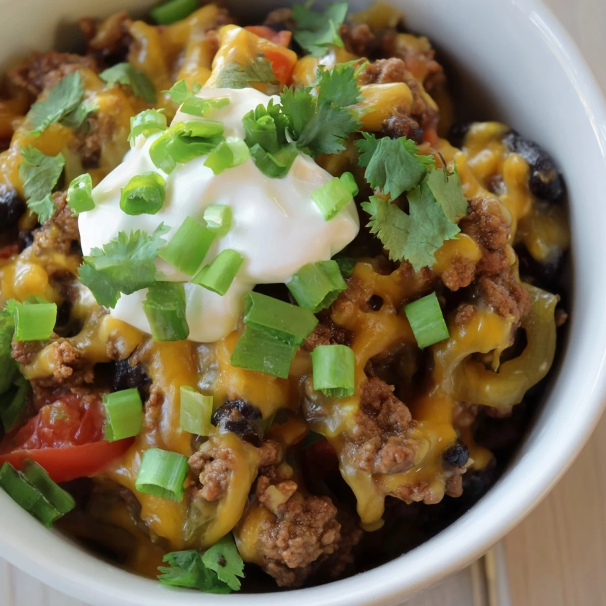 Crowd-pleasing Super Nachos Dip topped with fresh cilantro and green onions, served with crispy tortilla chips