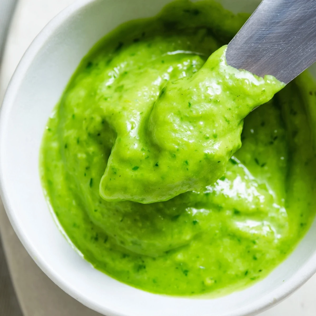 Vibrant bright green aji verde sauce drizzled over grilled chicken and roasted vegetables