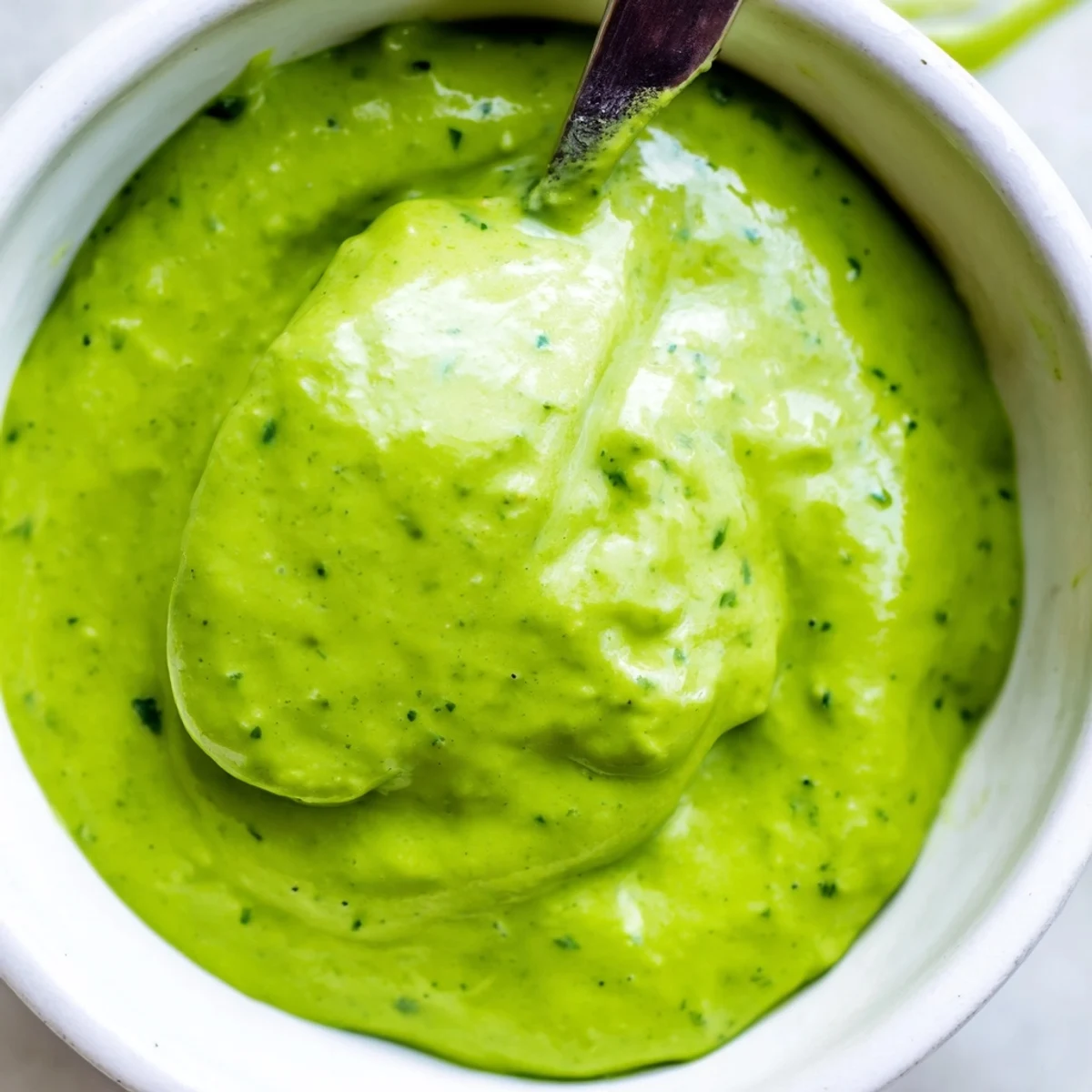 Thick herbaceous Peruvian aji verde sauce with visible cilantro texture in glass jar