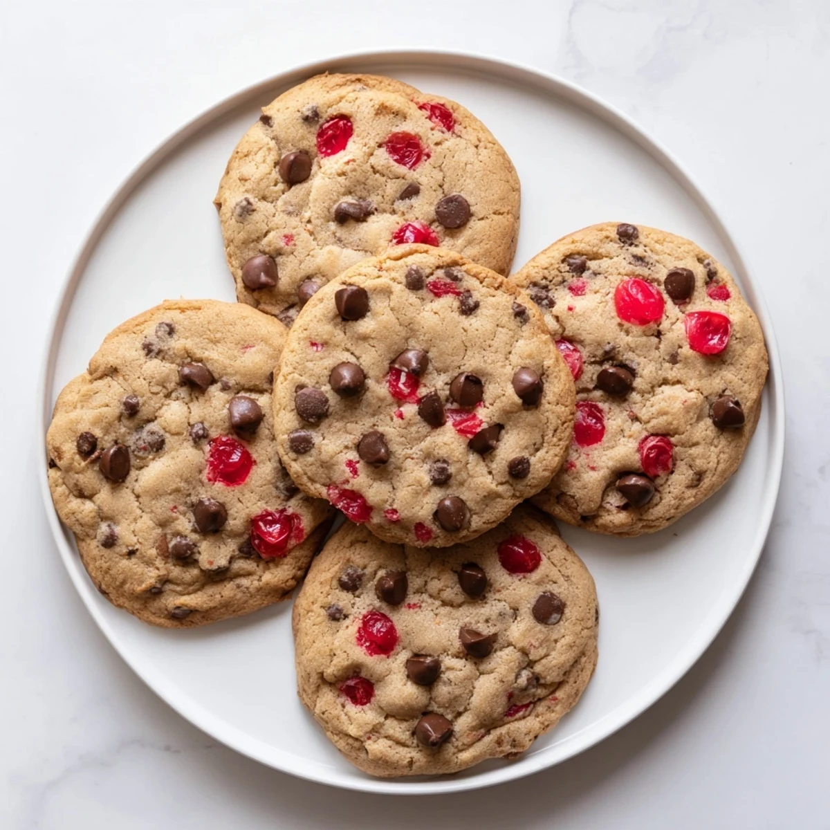 Golden brown maraschino cherry chocolate chip cookies on a wire cooling rack