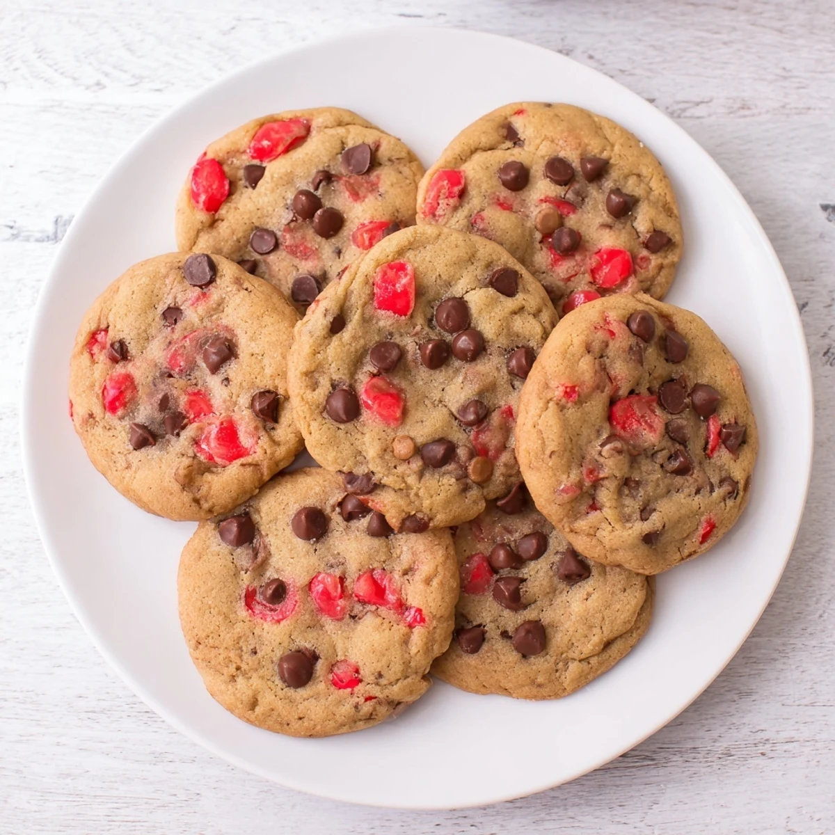 Freshly baked cherry chocolate chip cookies studded with bright red cherry pieces