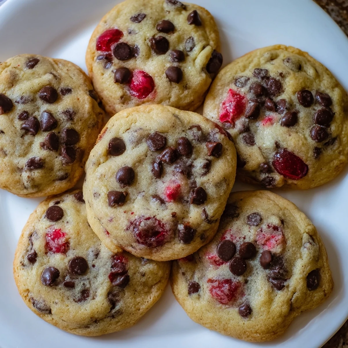 Chewy maraschino cherry chocolate chip cookies with melty chips and moist cherries