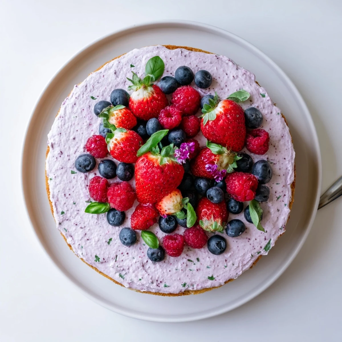 Fresh basil berry cake with vibrant frosting topped with whole strawberries and green leaves