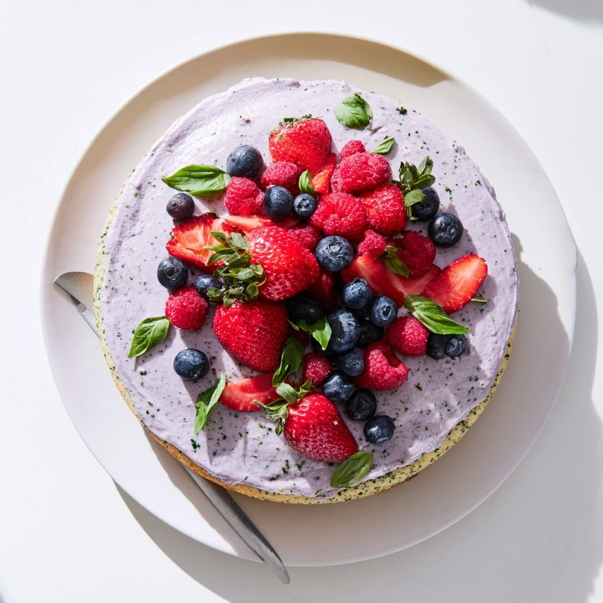 Slice of basil berry cake showing purple berry swirls inside tender vanilla crumb