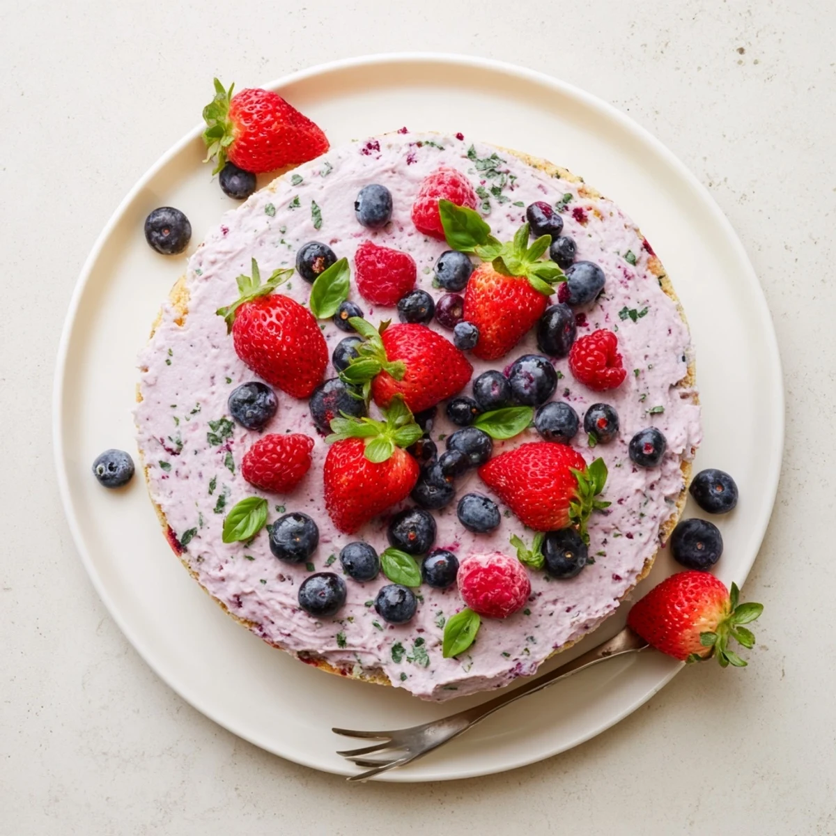 Decorated basil berry cake on serving plate garnished with mixed berries and fresh herbs