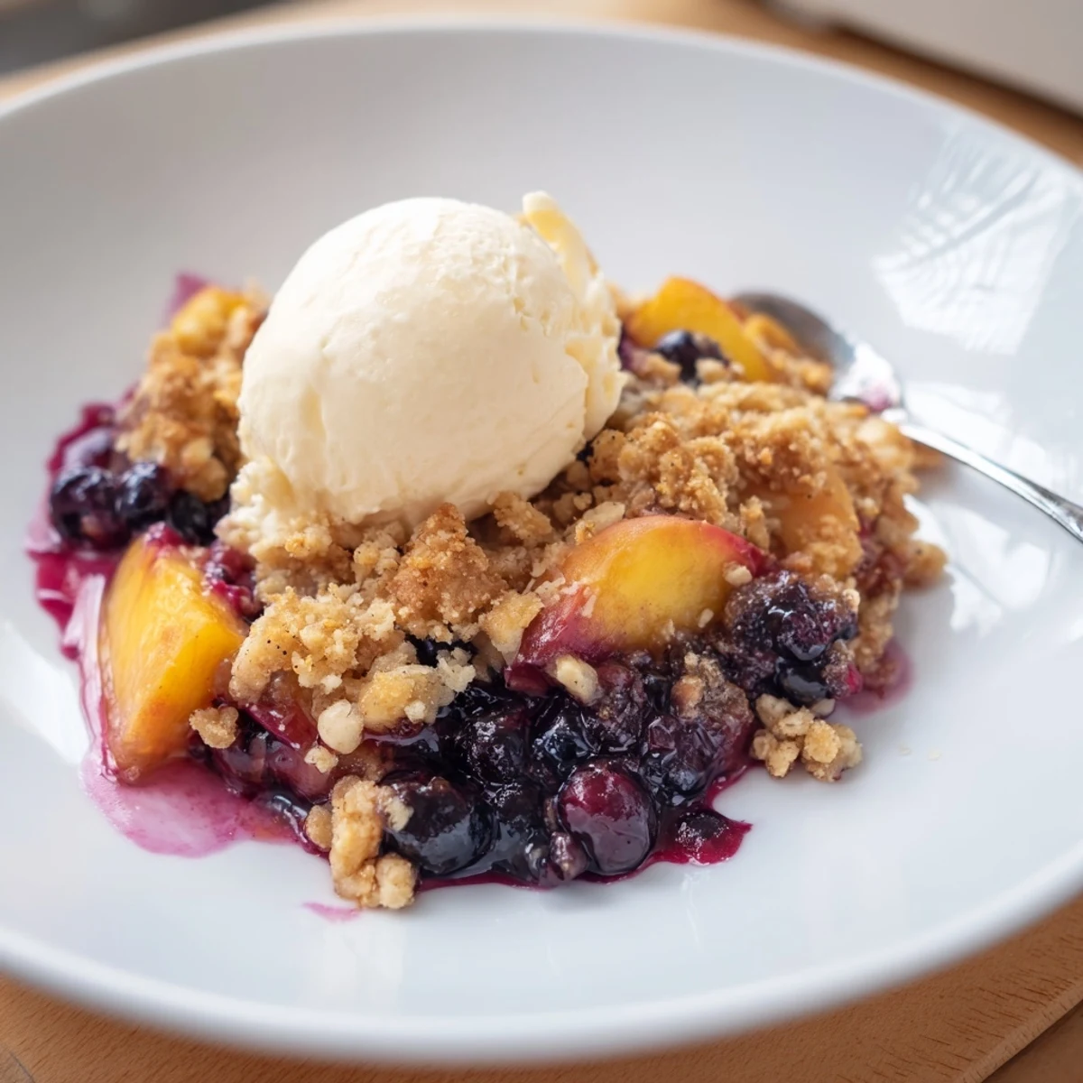 Homestyle Blueberry Peach Crumble, juicy fruit beneath buttery oat topping, steam rising