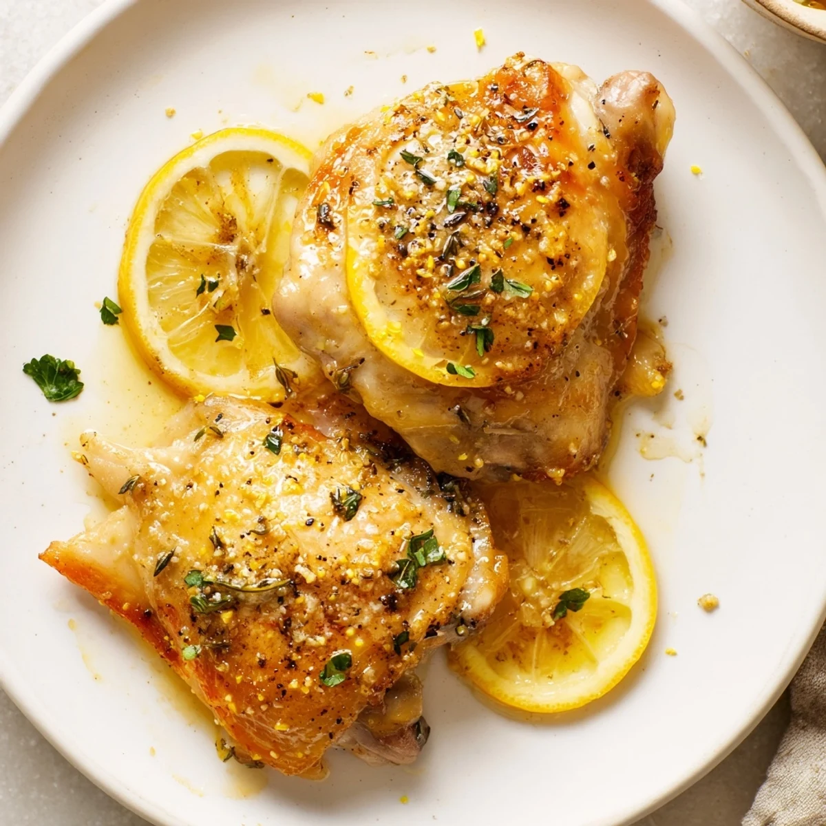 Skillet-roasted Lemon Pepper Chicken Thighs glistening with herb oil, served with lemon
