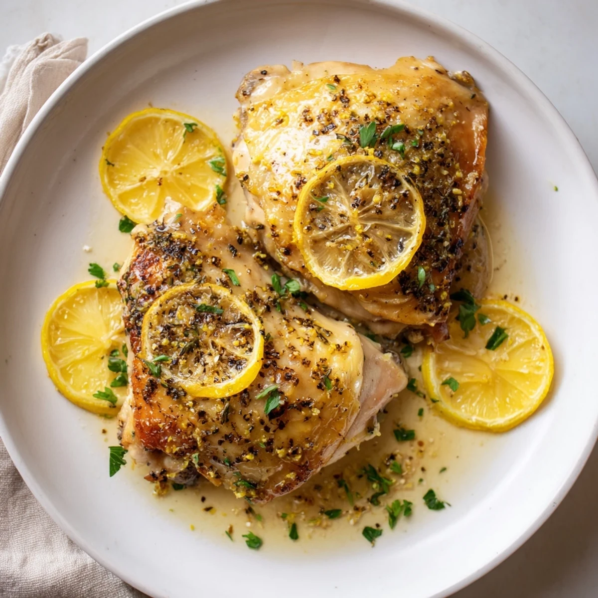 Lemon Pepper Chicken Thighs roasted to golden crisp skin, fragrant lemon aroma
