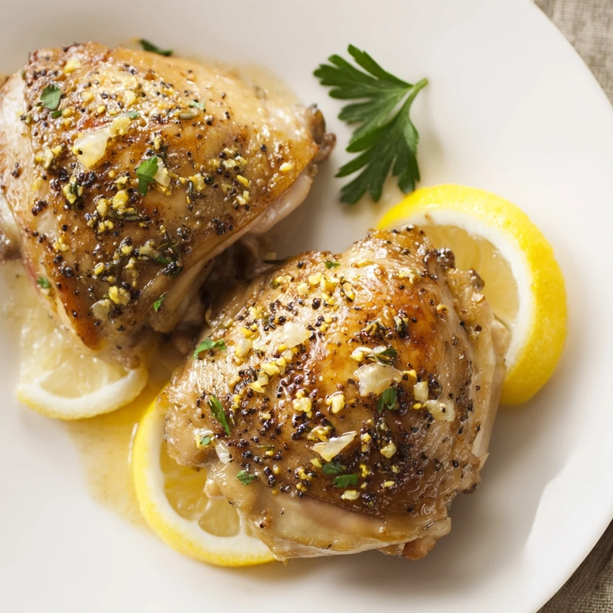 Weeknight Lemon Pepper Chicken Thighs juicy interior, peppery crust, garnished with parsley