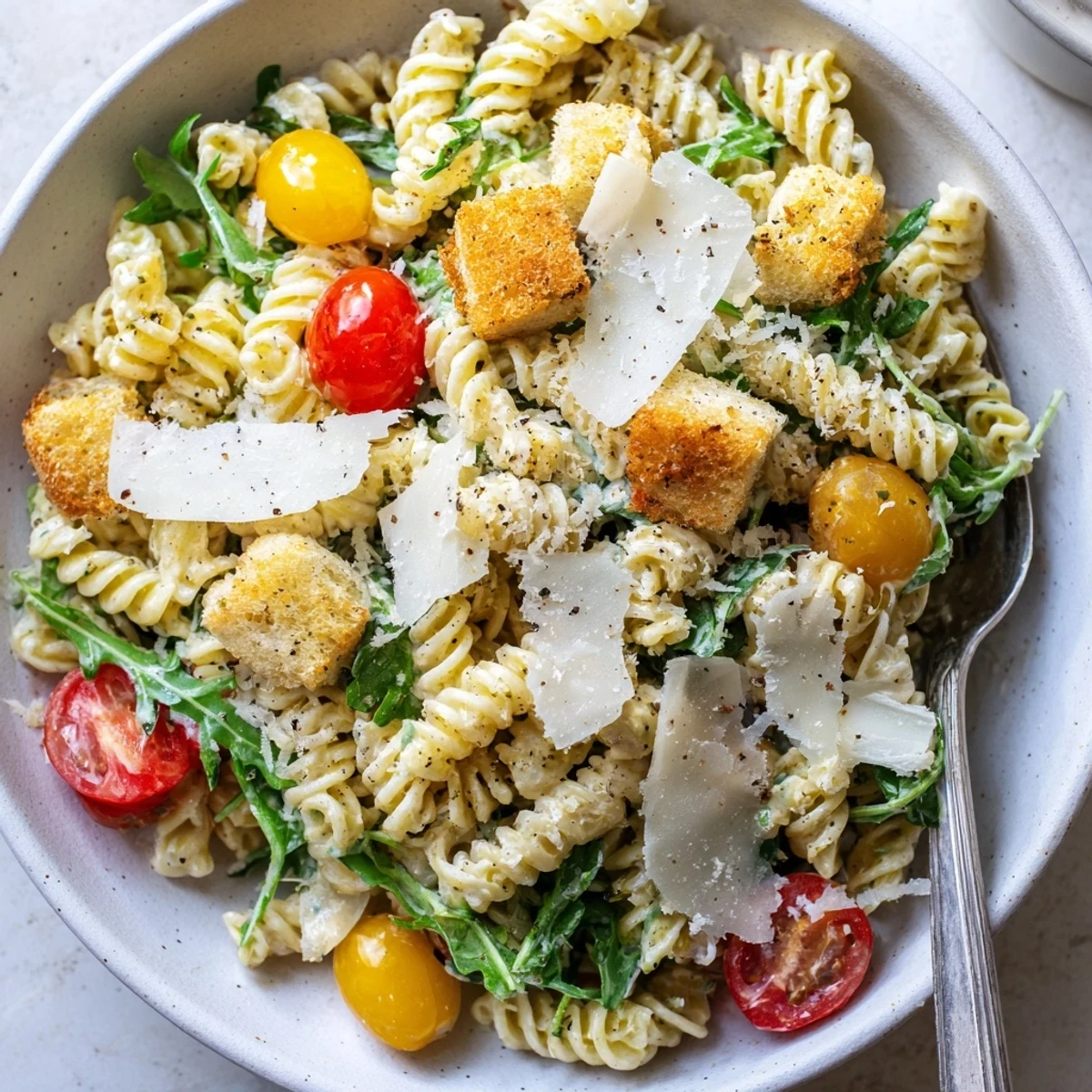 Arugula Pasta Caesar Salad with creamy dressing, shaved Parmesan and crunchy croutons