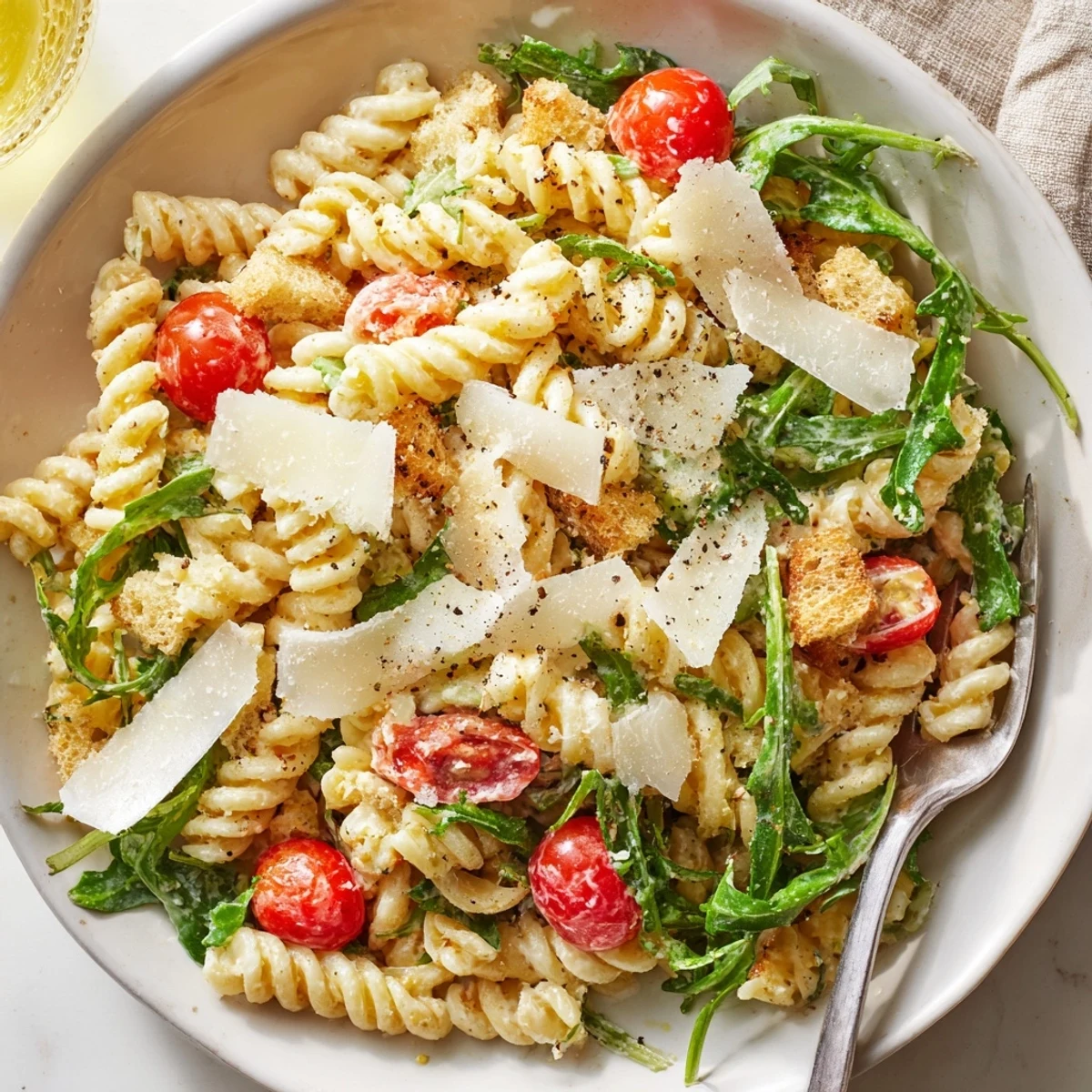 Bright Arugula Pasta Caesar Salad plated for lunch, lemony dressing and crisp bites