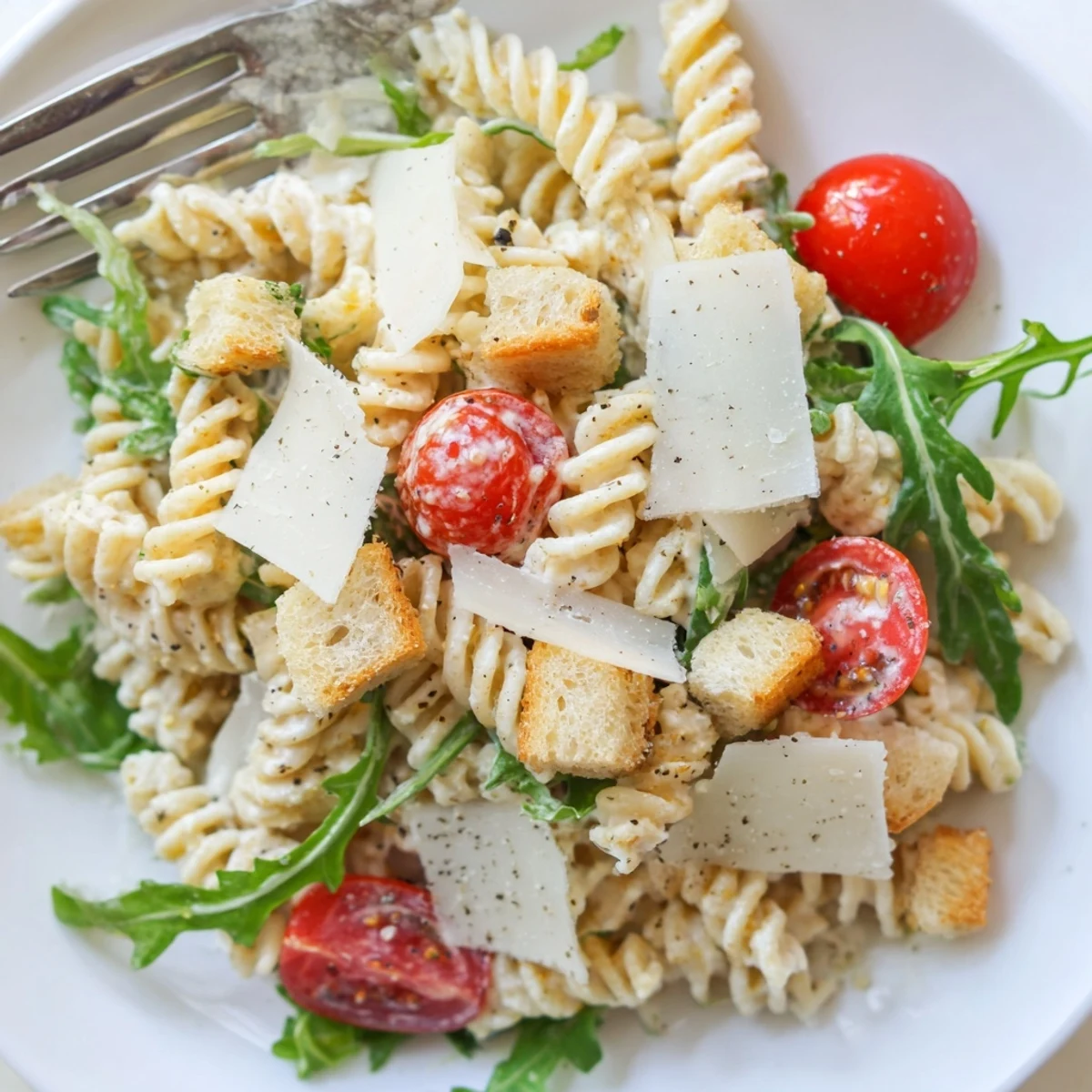 Peppery Arugula Pasta Caesar Salad tossed with al dente pasta and cherry tomatoes