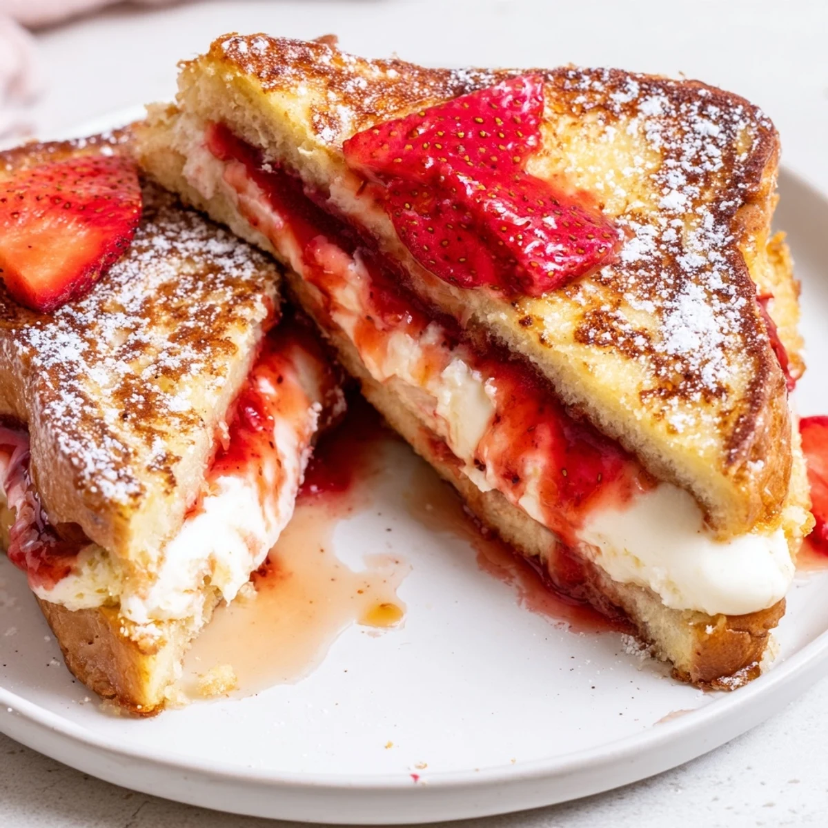 Cream Cheese Stuffed French Toast With Strawberry Drizzle, golden slices steaming, powdered sugar.