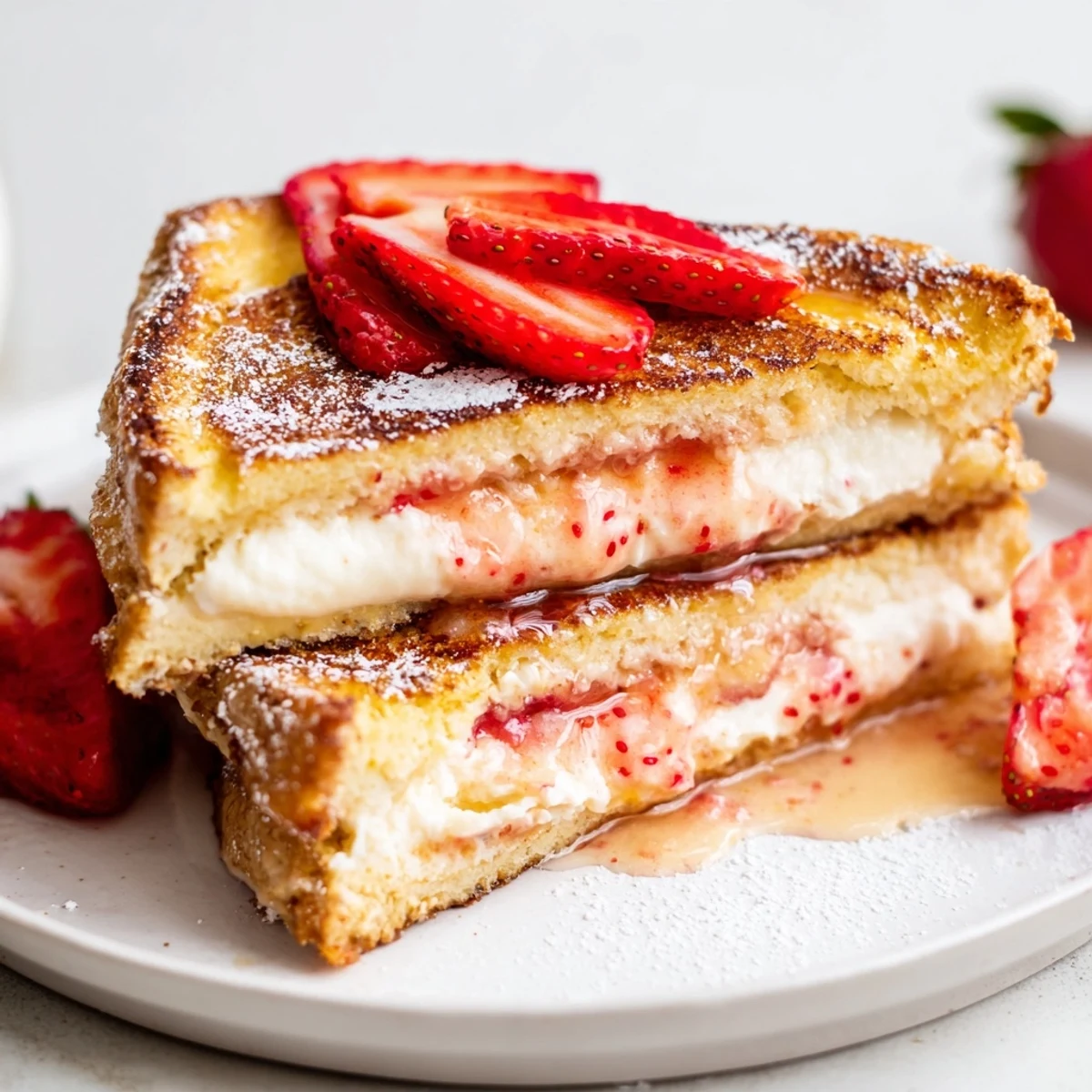 Warm Cream Cheese Stuffed French Toast With Strawberry Drizzle, creamy filling oozing.