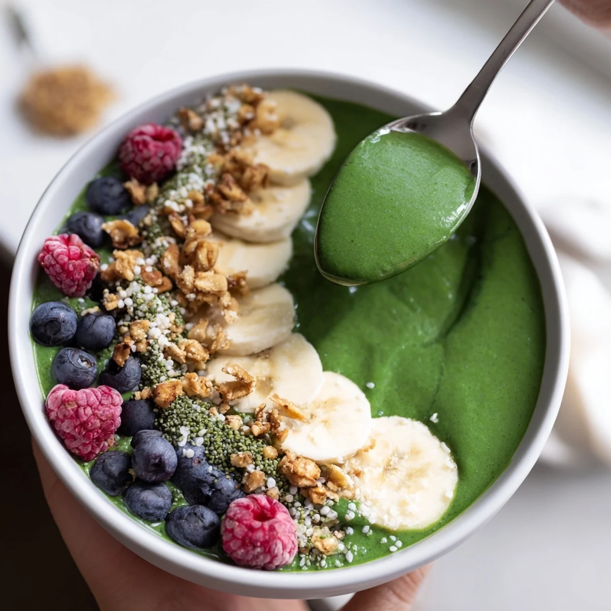 Green Smoothie Bowl With Spirulina, Banana & Hemp Seeds garnished with berries