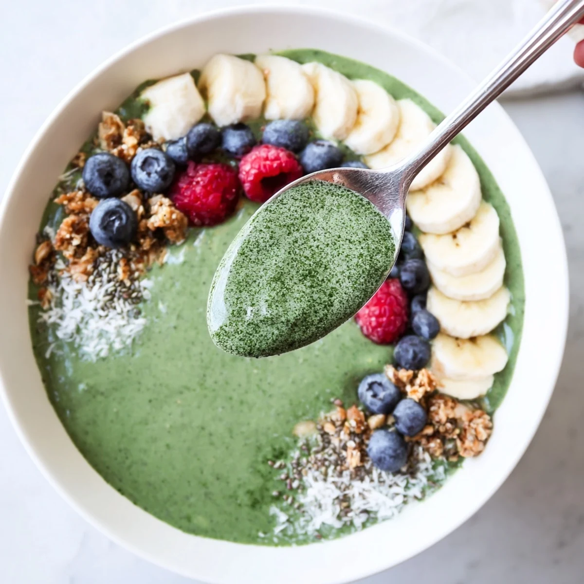 Bright Green Smoothie Bowl With Spirulina, Banana & Hemp Seeds, creamy and energizing