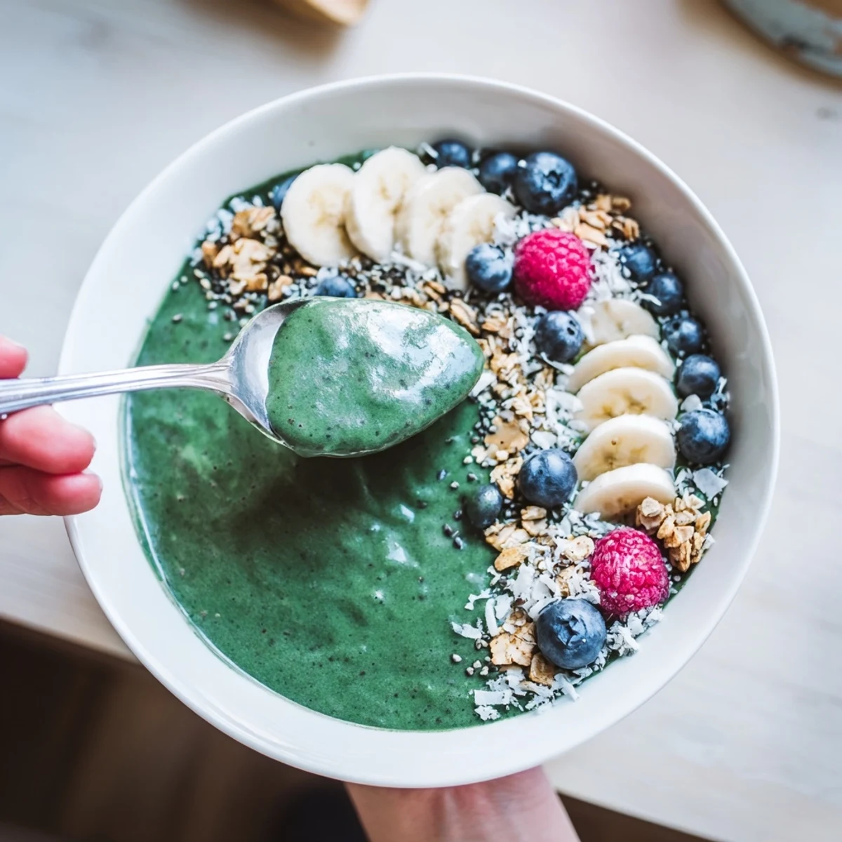 Tropical Green Smoothie Bowl With Spirulina, Banana & Hemp Seeds topped with coconut