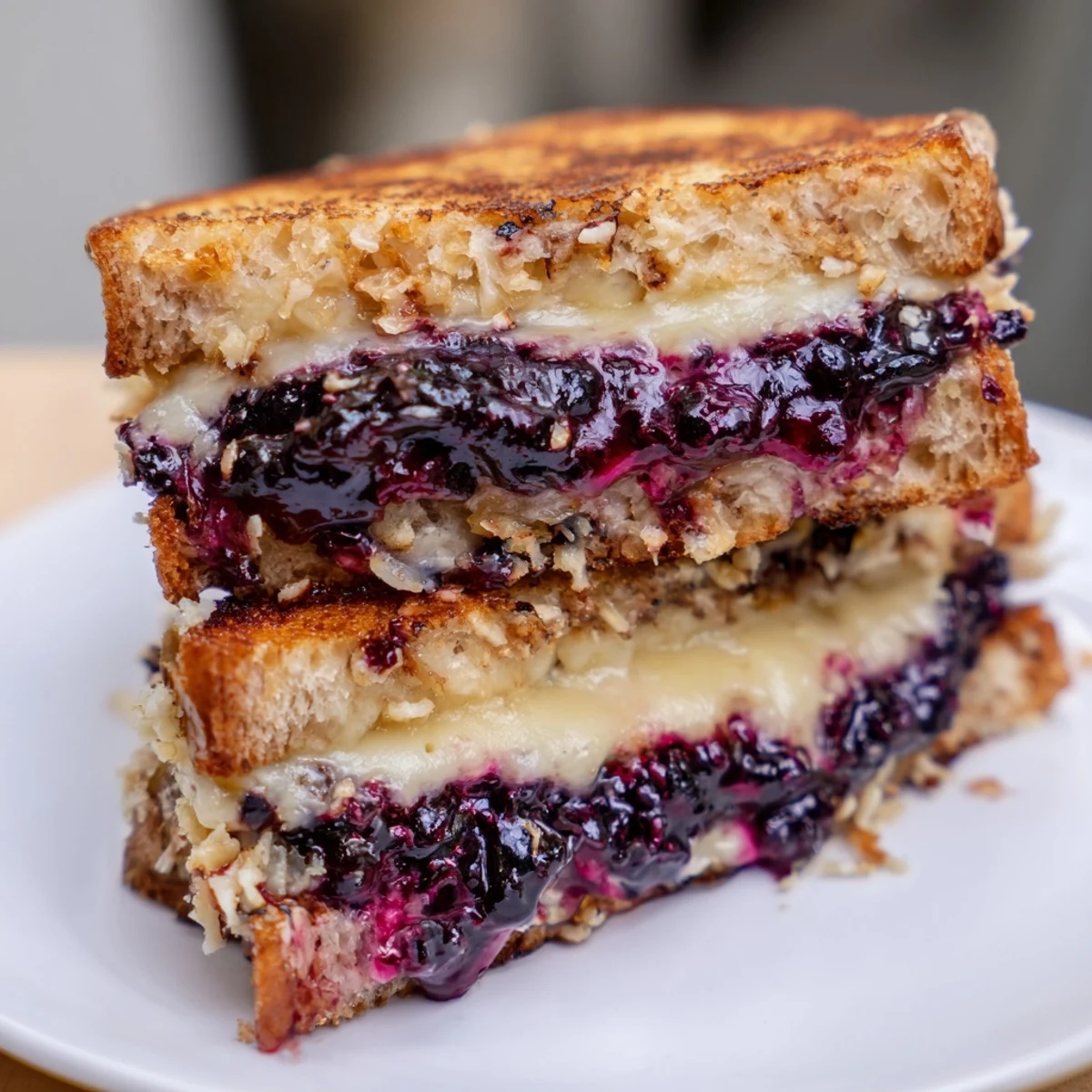 A sliced Crispy Blueberry Grilled Cheese steaming on a skillet, topped with thyme