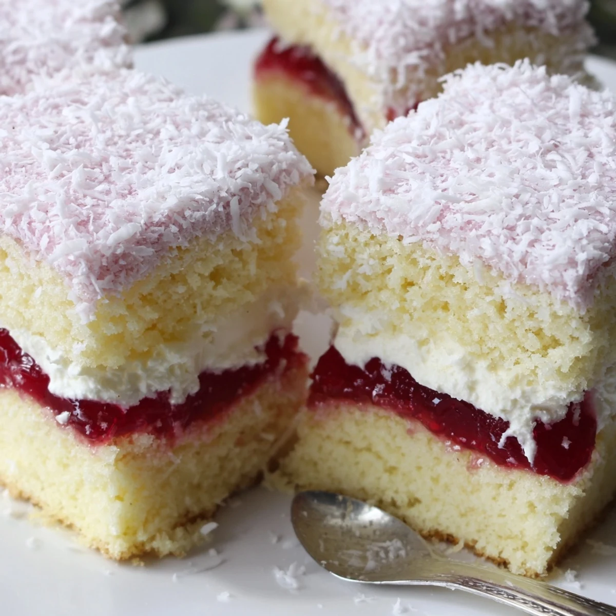 Old Fashioned Pink Jelly Cakes soft sponge with glossy raspberry jelly and coconut coating