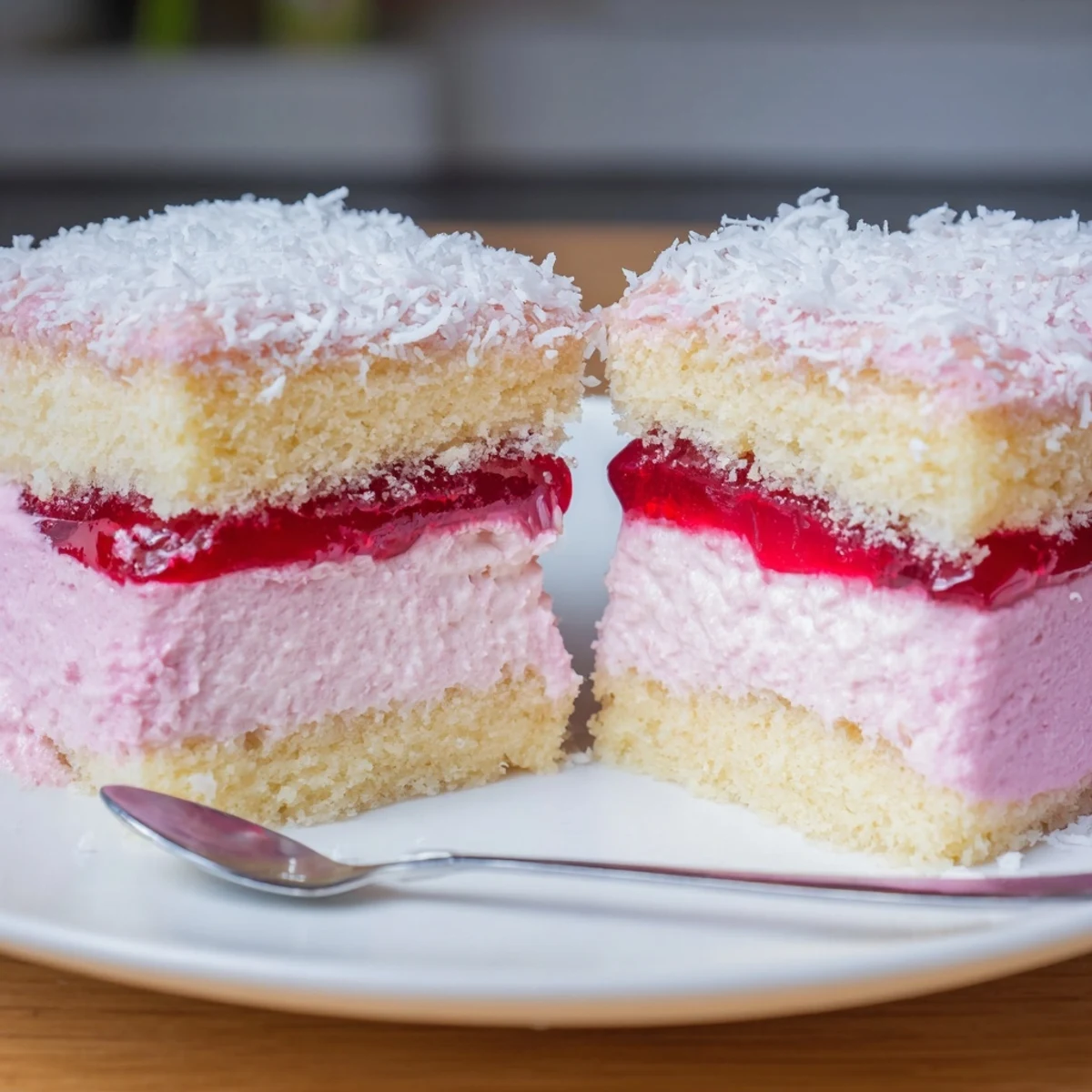 Old Fashioned Pink Jelly Cakes with whipped cream center, perfumed coconut for afternoon tea