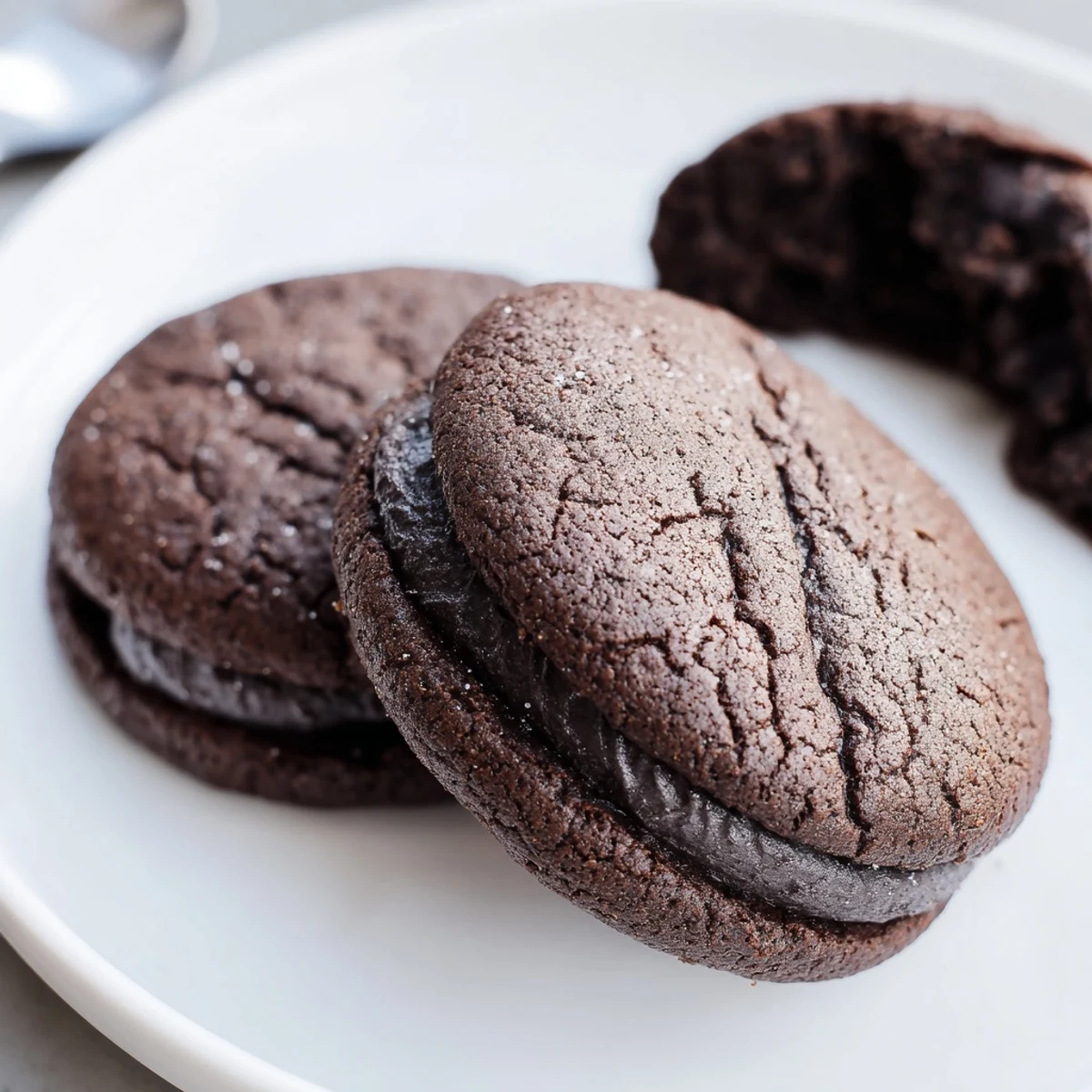 Homemade Oreo Style Cookies stacked on a wire rack, glossy filling oozing