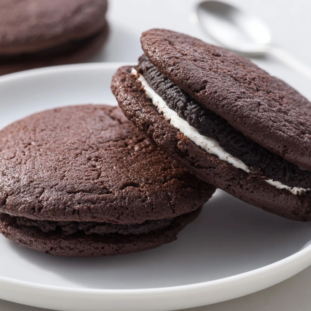 Close up of Homemade Oreo Style Cookies showing dark cocoa cookies and creamy center