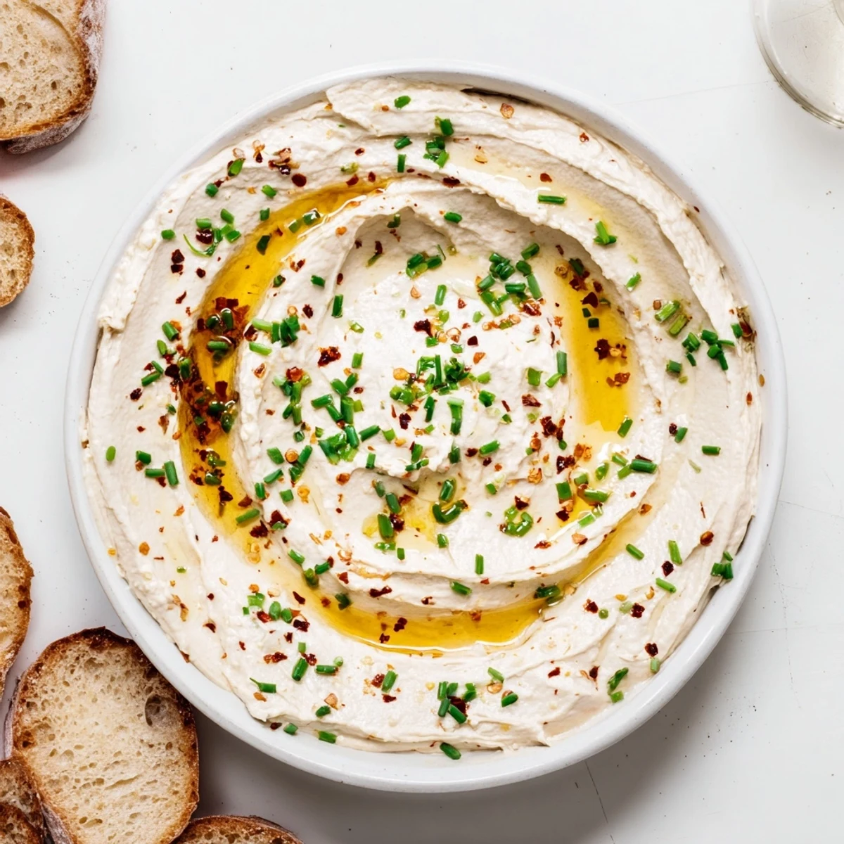 Creamy whipped feta dip topped with golden honey and red pepper flakes