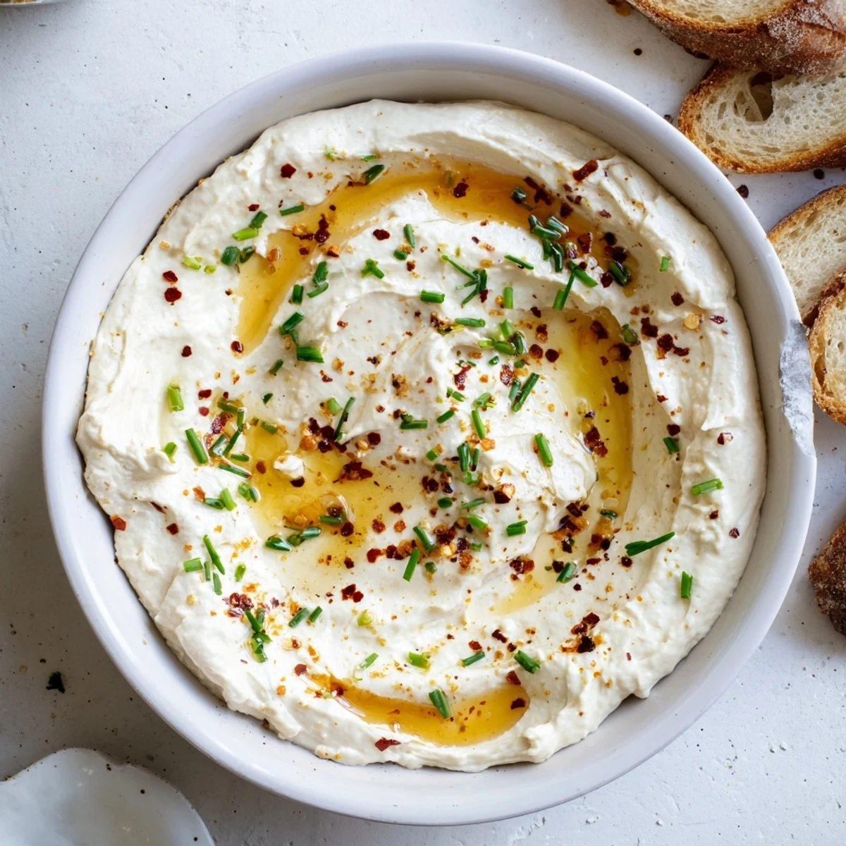 White bowl of whipped feta cheese with honey and herbs garnish