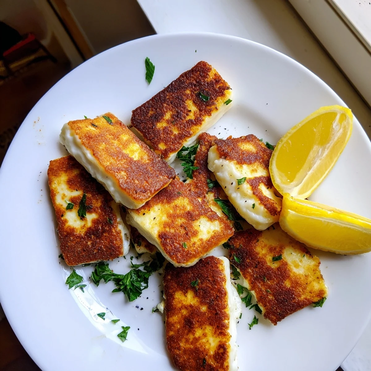 Golden pan fried halloumi cheese slices served with fresh lemon wedges and chopped parsley