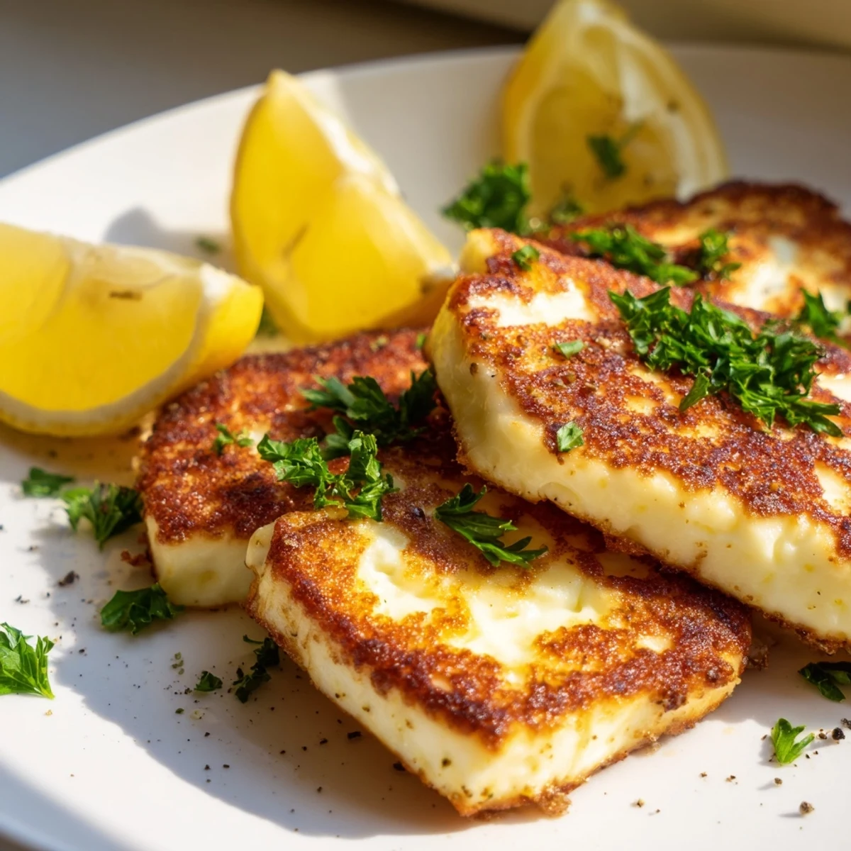 Crispy Mediterranean halloumi cheese frying in skillet with olive oil and black pepper garnish