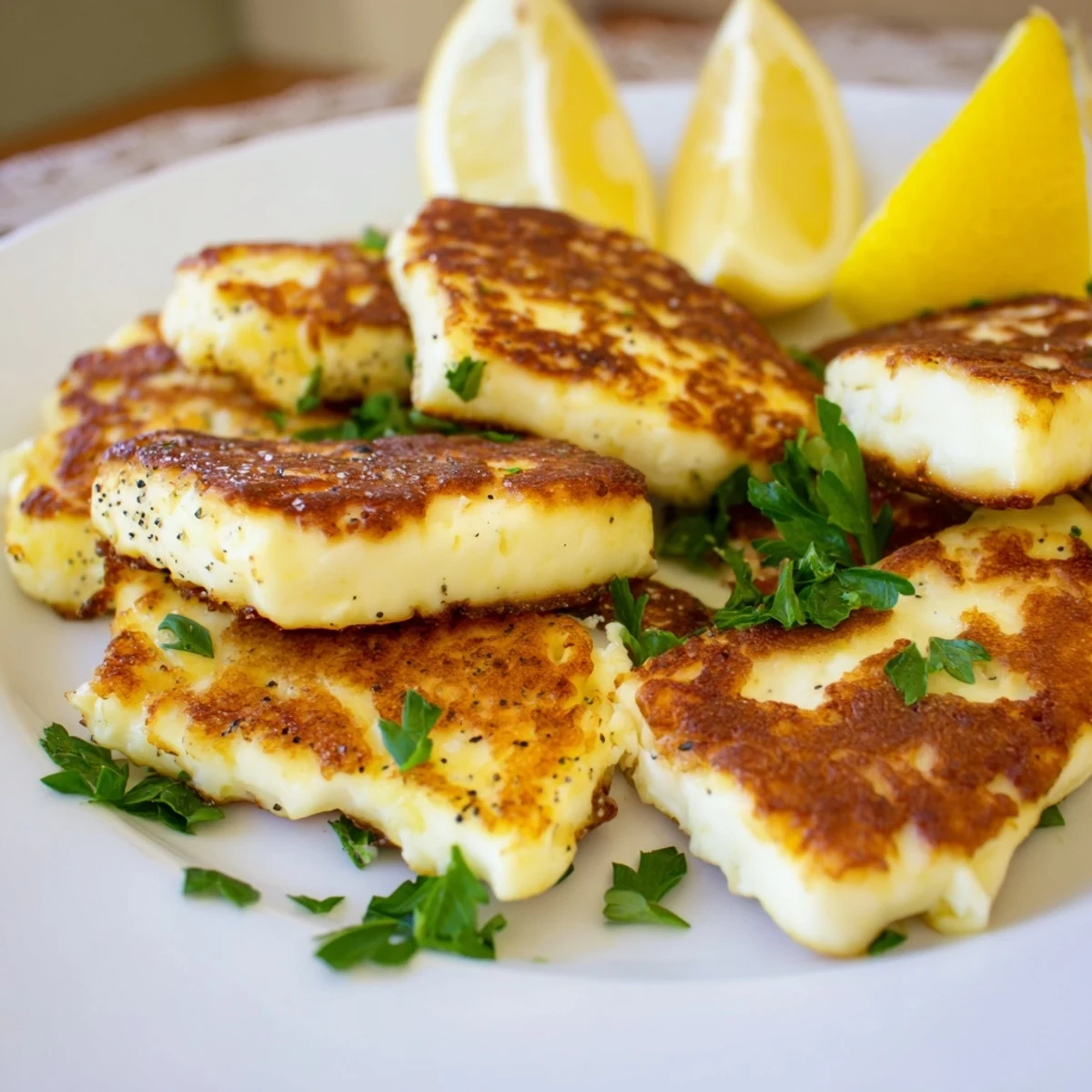 Savory halloumi appetizer with golden brown edges topped with lemon juice and fresh herbs