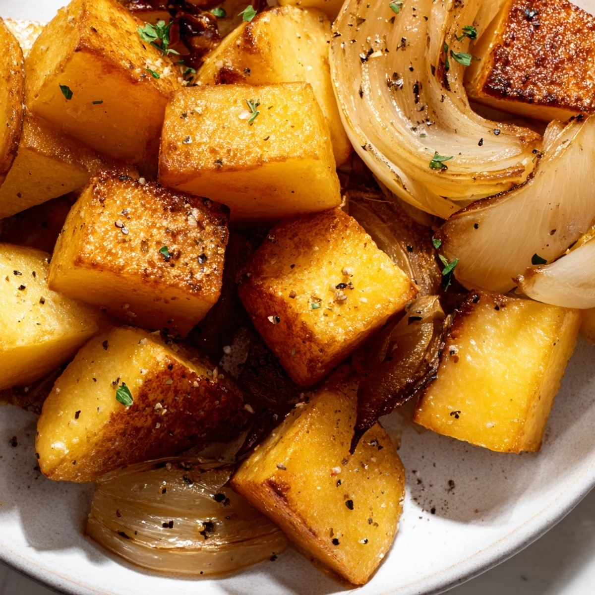 Golden roasted potatoes and onions with caramelized edges and fresh green parsley garnish