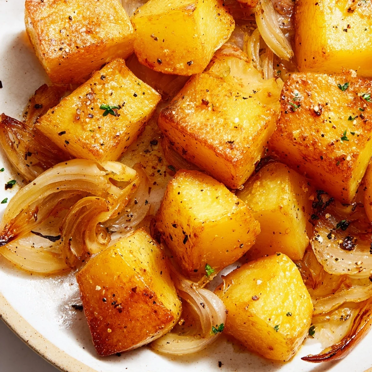 Comforting roasted potatoes and onions side dish with tender vegetables and fragrant dried thyme seasoning