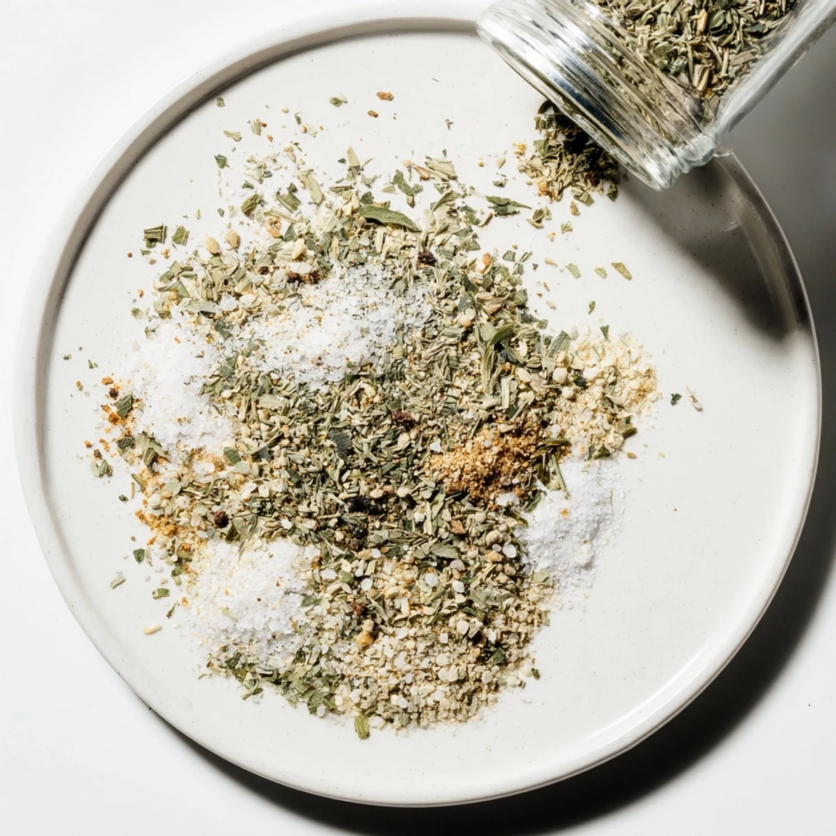 A small glass jar filled with vibrant green dehydrated tzatziki seasoning mix garnished with fresh dill sprigs on a wooden board