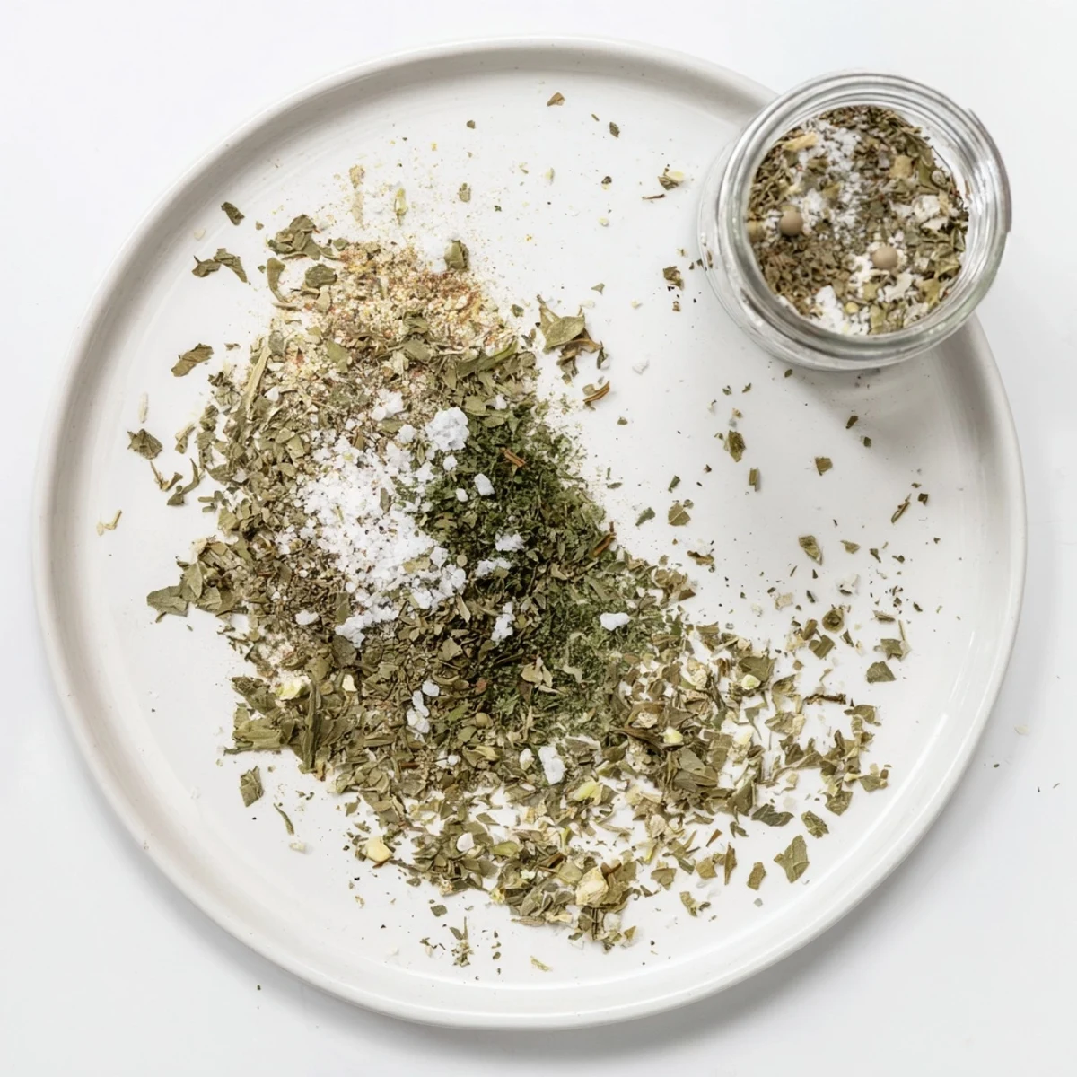 Homemade dehydrated tzatziki seasoning mix spooned into clear glass container surrounded by dried herbs and lemons