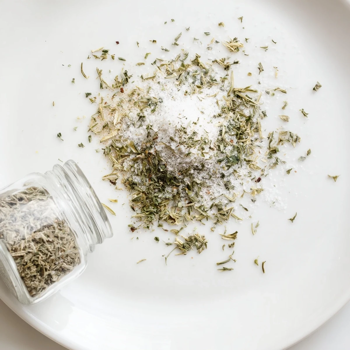 Mound of fragrant dehydrated tzatziki seasoning blend with dill parsley and garlic powder in rustic ceramic bowl