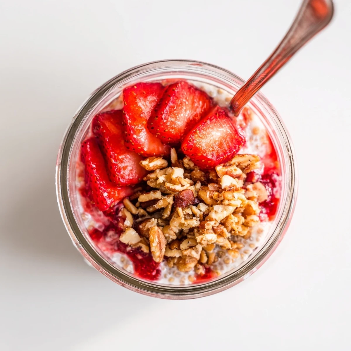 Glass jar showcasing layered strawberry crumble chia pudding with vibrant red compote and golden toasted oat topping