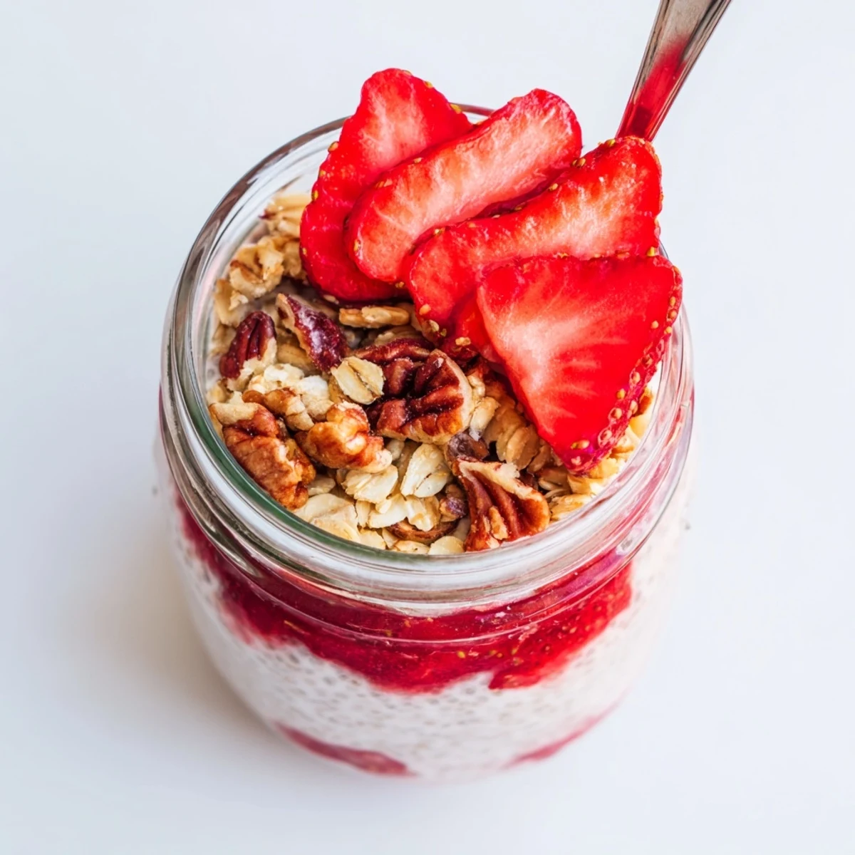 Creamy chia pudding layered with sweet strawberry compote and crunchy cinnamon oat crumble in clear glass